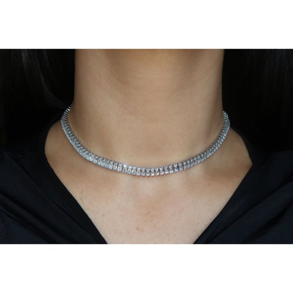 Diamond Tennis Necklace, CZ Tennis Necklace Choker, Baguette Tennis Necklace - Picture 8 of 9